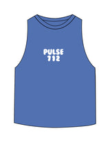 The Crop Muscle Racerback - Heather True Royal - Pulse 712 - Center Chest Stacked - Printed - White