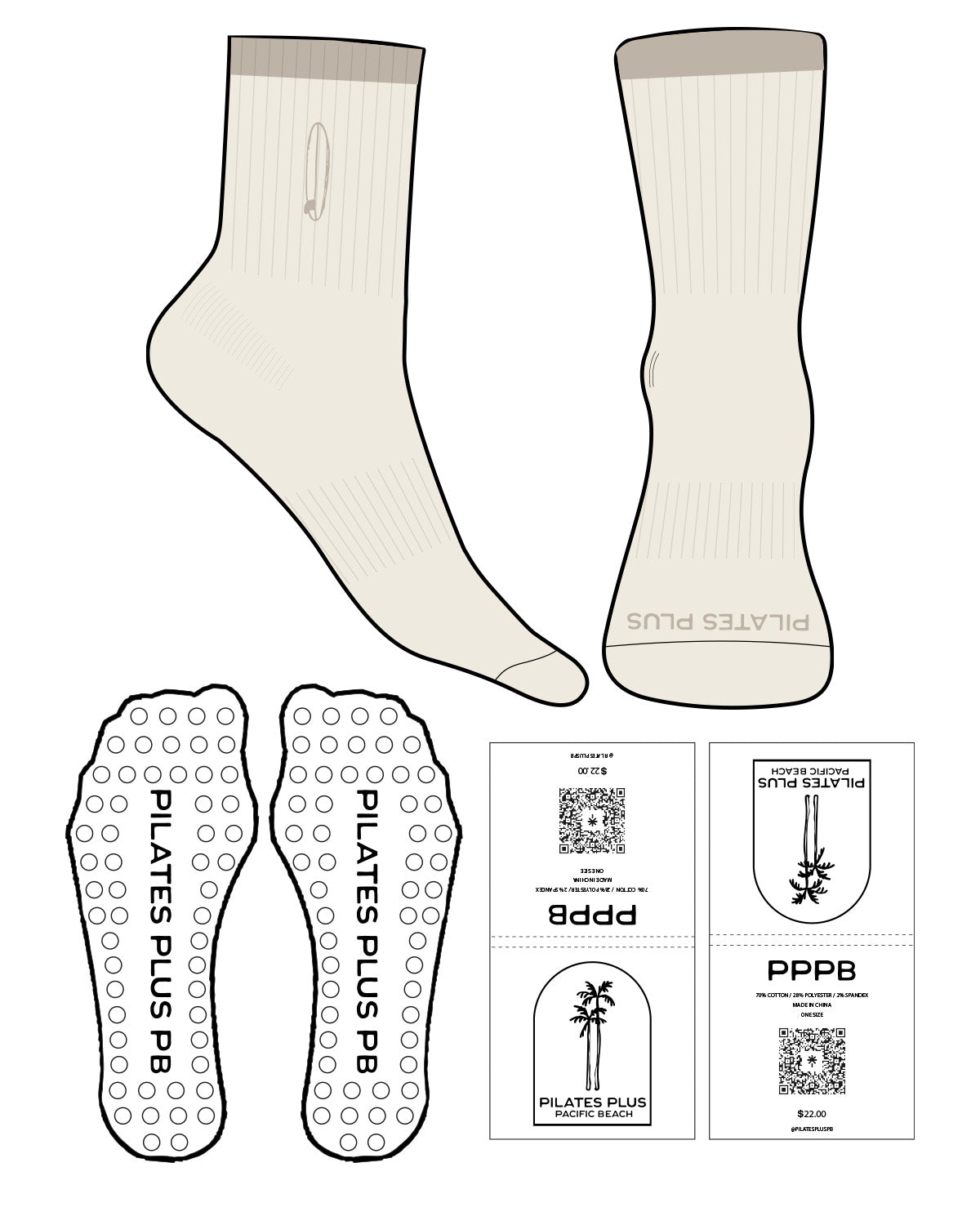 The 3/4 Crew Sock - Off White - Pilates Plus PB - Top Soiid Color & Text - Bottom Text - Tan- Embroidered - Circle Shape Grip - Tan