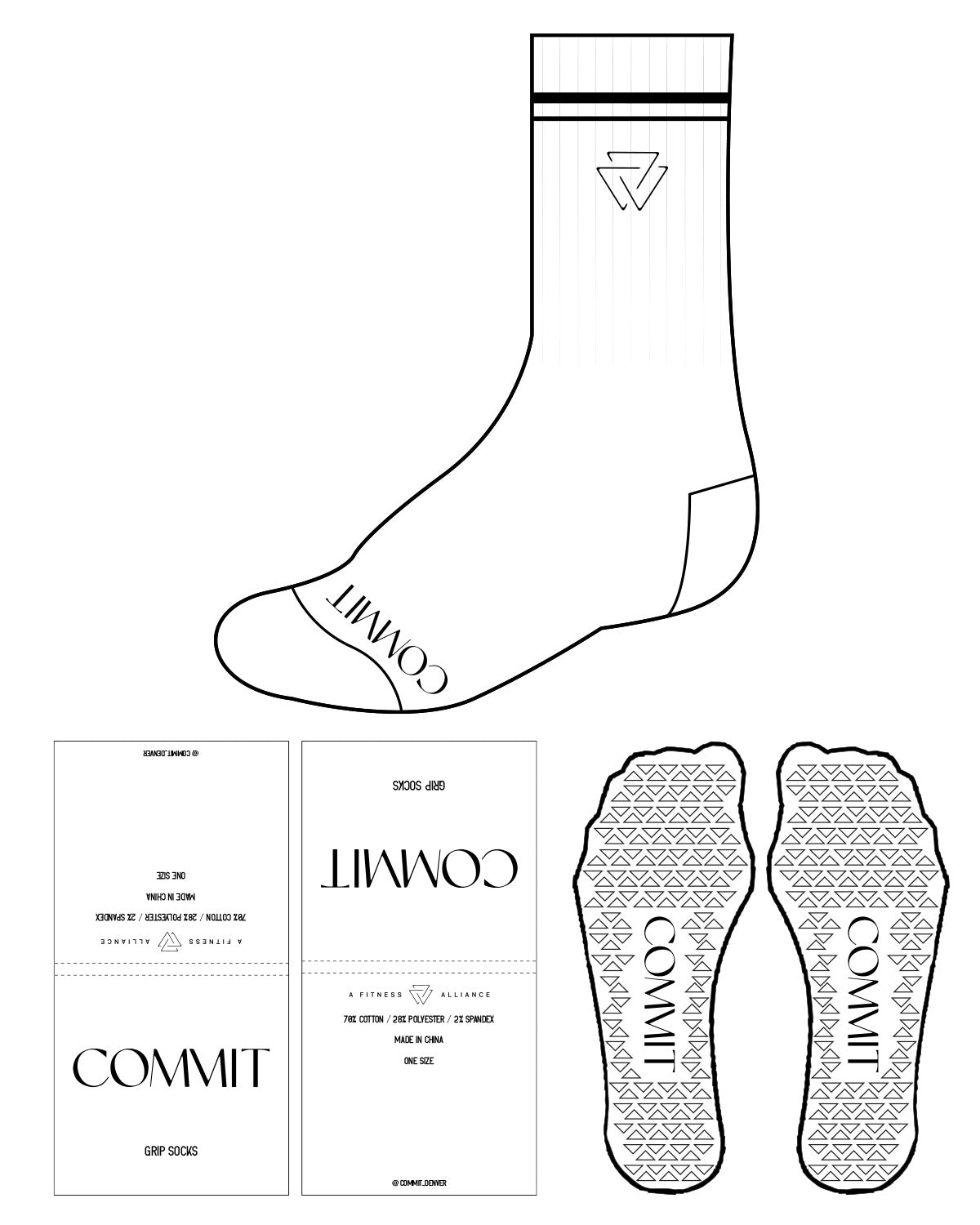 The Crew Sock - White - Commit Fitness - 2 Lines - Icon - Black - Black Grip
