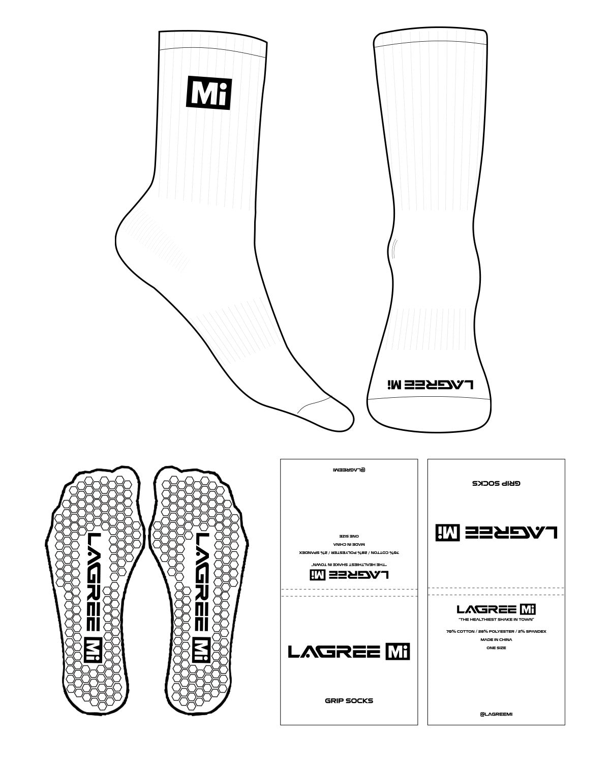 The Crew Sock - White - Lagree Mi - Toe & Ankle "Mi" - Black Hexagon Grip - Black