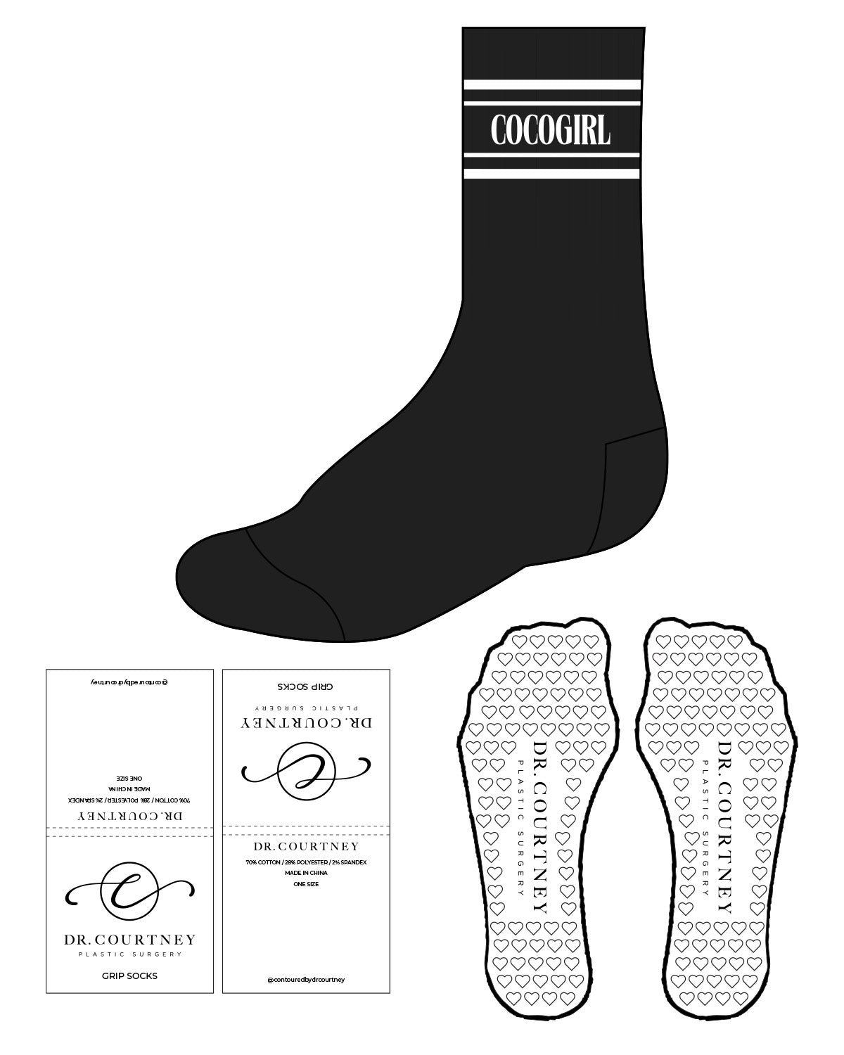 The Crew Sock - Black - Dr. Courtney - 4 Lines - Center Text - White - Heart Shape Grip - White