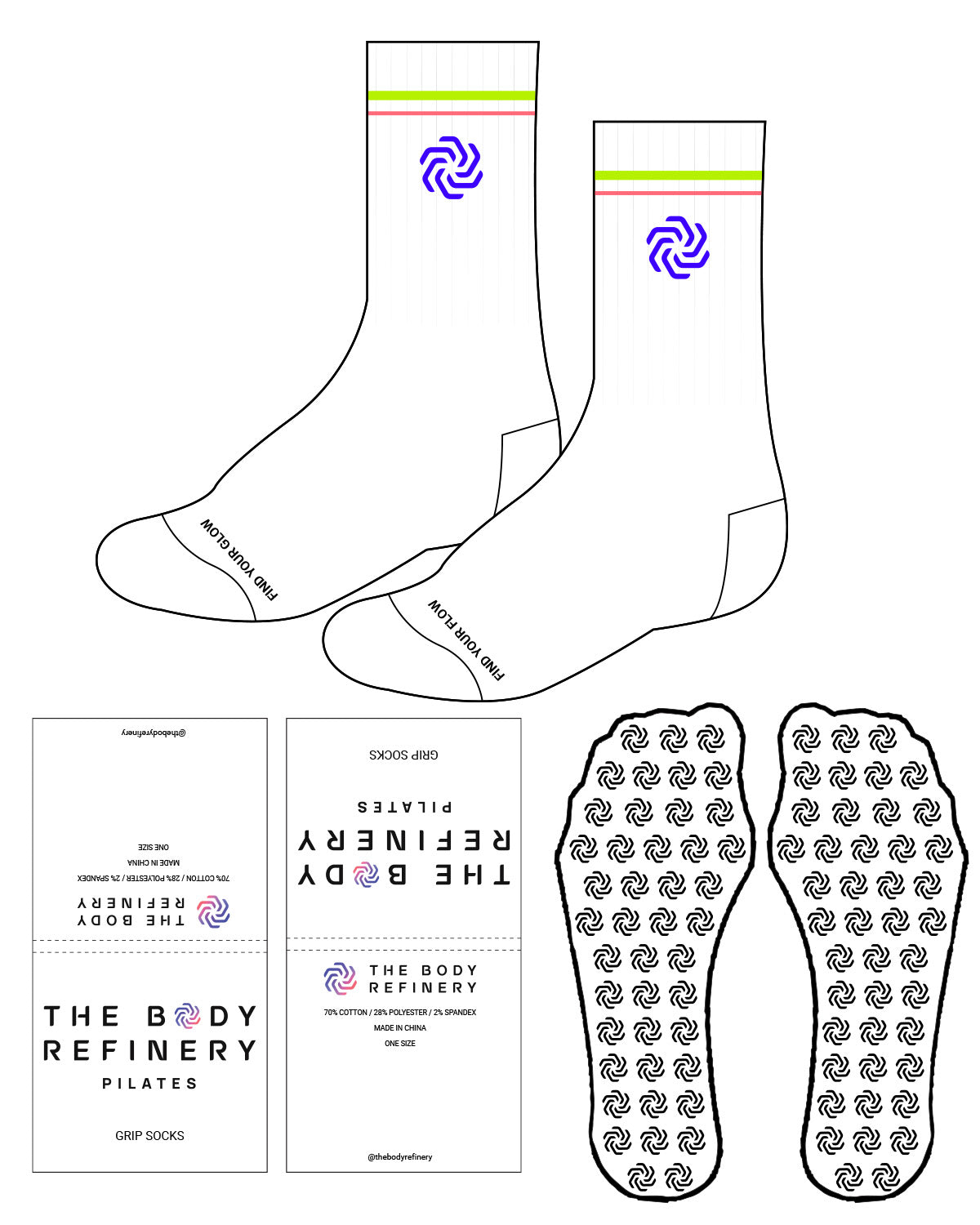 The Crew Sock - White - The Body Refinery - Top Lining "LOGO" & Bottom - Custom Grip - Full Color