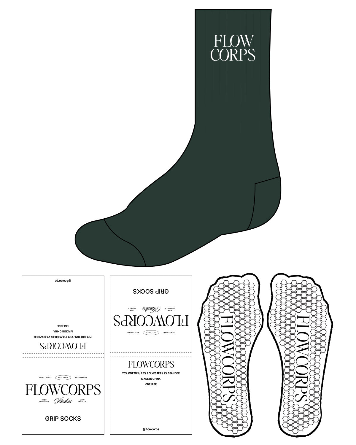 The Crew Sock - Forest - Flowcorps - Top Stacked - White Hexagon Grip - Embroidered White