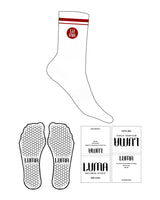 The Crew Sock - White - Luma Wellness - Stripes & Round Icon - Red - Hexagon Grip - Red