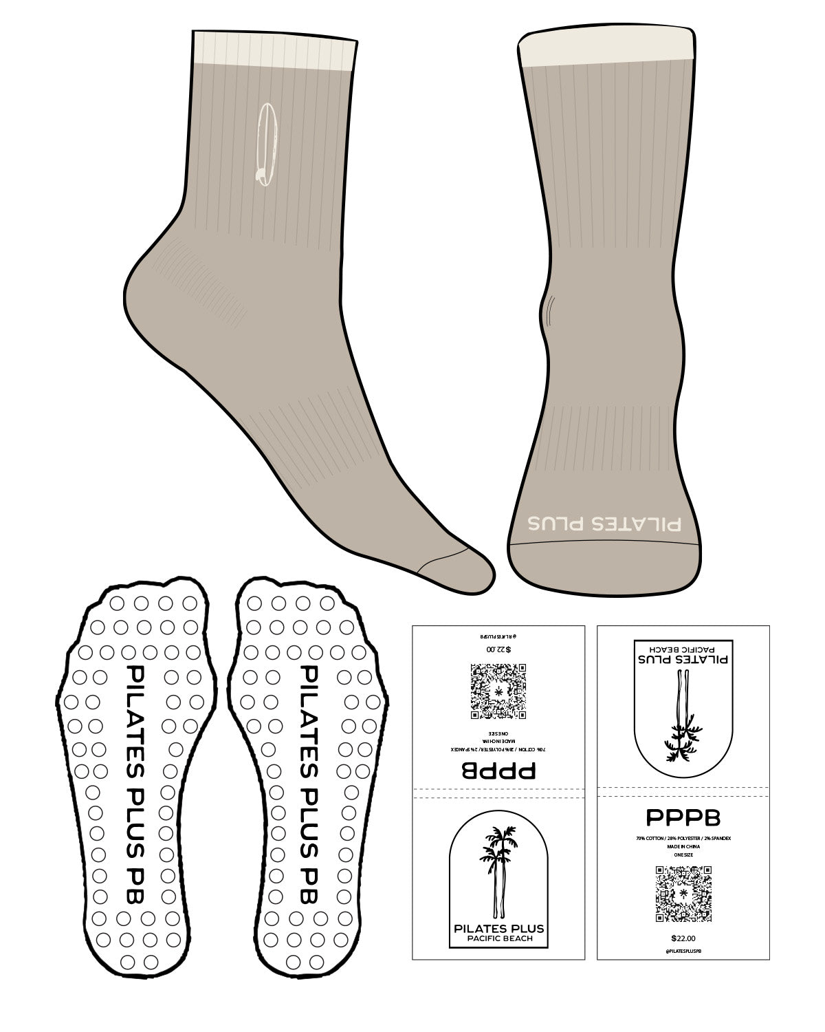 The 3/4 Crew Sock - Tan - Pilates Plus PB - Top Soiid Color & Text - Bottom Text - Off White - Embroidered - Circle Shape Grip - Off White