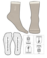 The 3/4 Crew Sock - Tan - Pilates Plus PB - Top Soiid Color & Text - Bottom Text - Off White - Embroidered - Circle Shape Grip - Off White