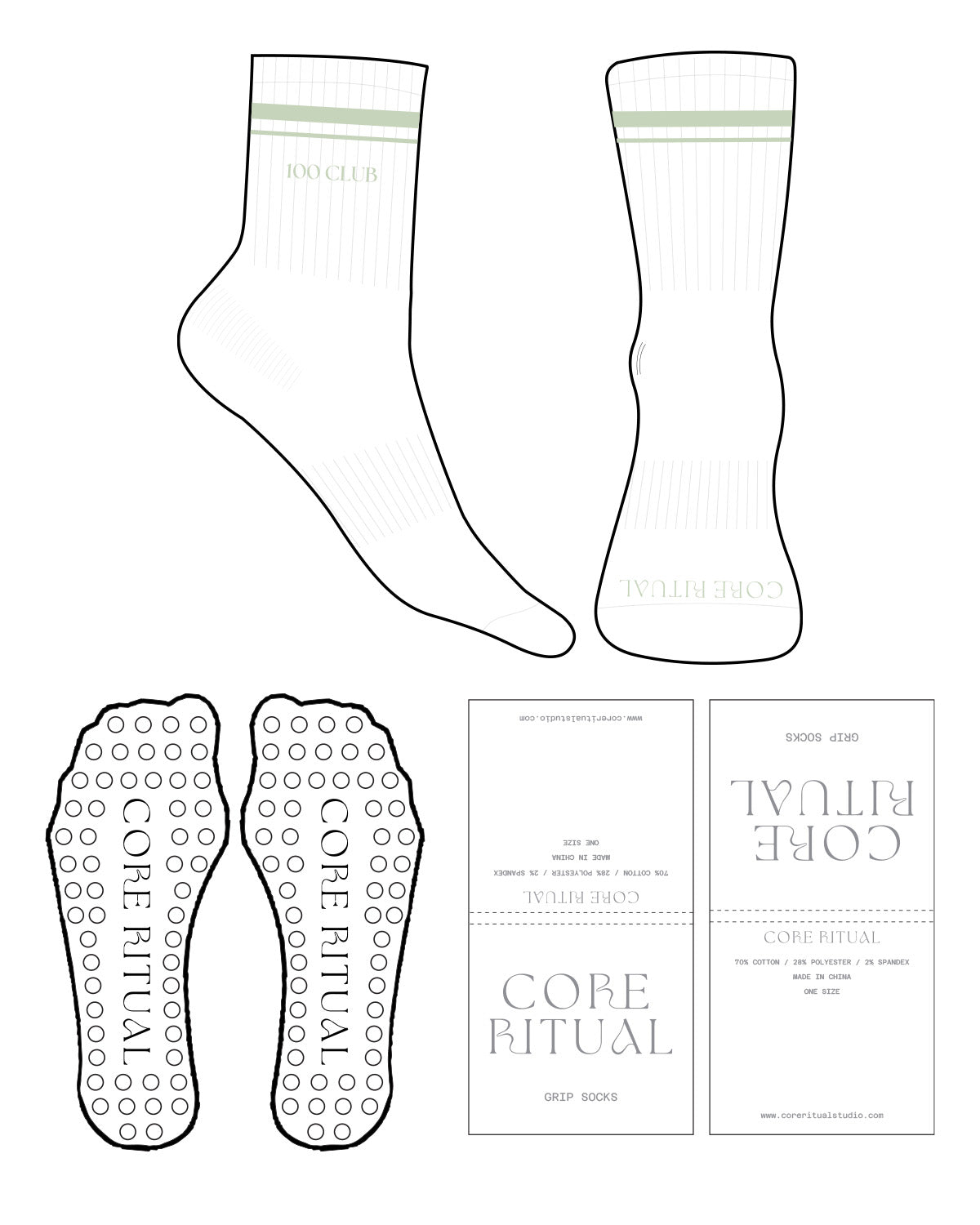 The 3/4 Crew Sock - White - Core Ritual - Toe & Ankle CLUB (Embroidered) - Transparent Circle Grip - Full Color