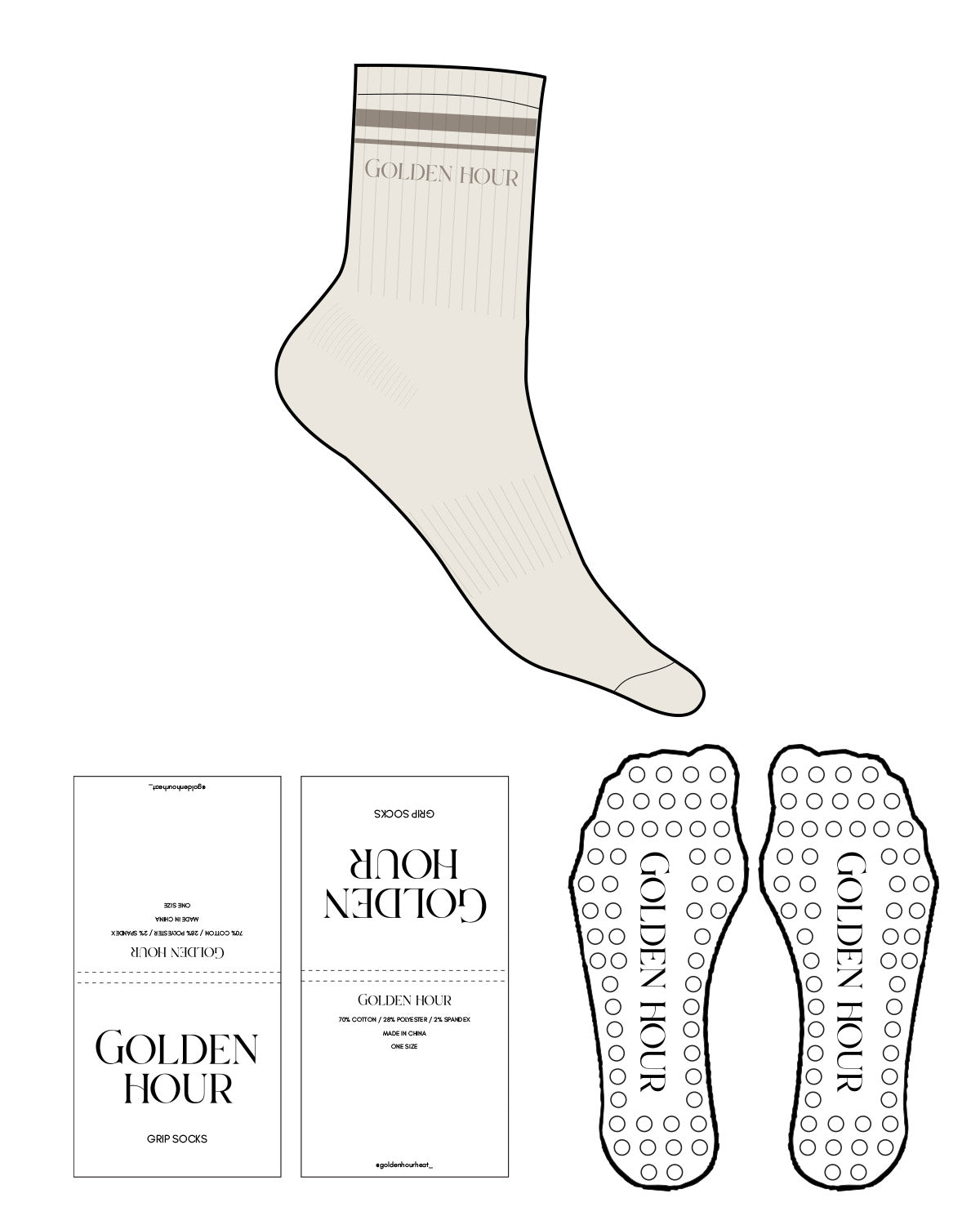 The 3/4 Crew Sock - Off White - Golden Hour Pilates - Top Dual Strip - "GOLDEN HOUR" Text - Tan - Circular Shape Grip - Transparent