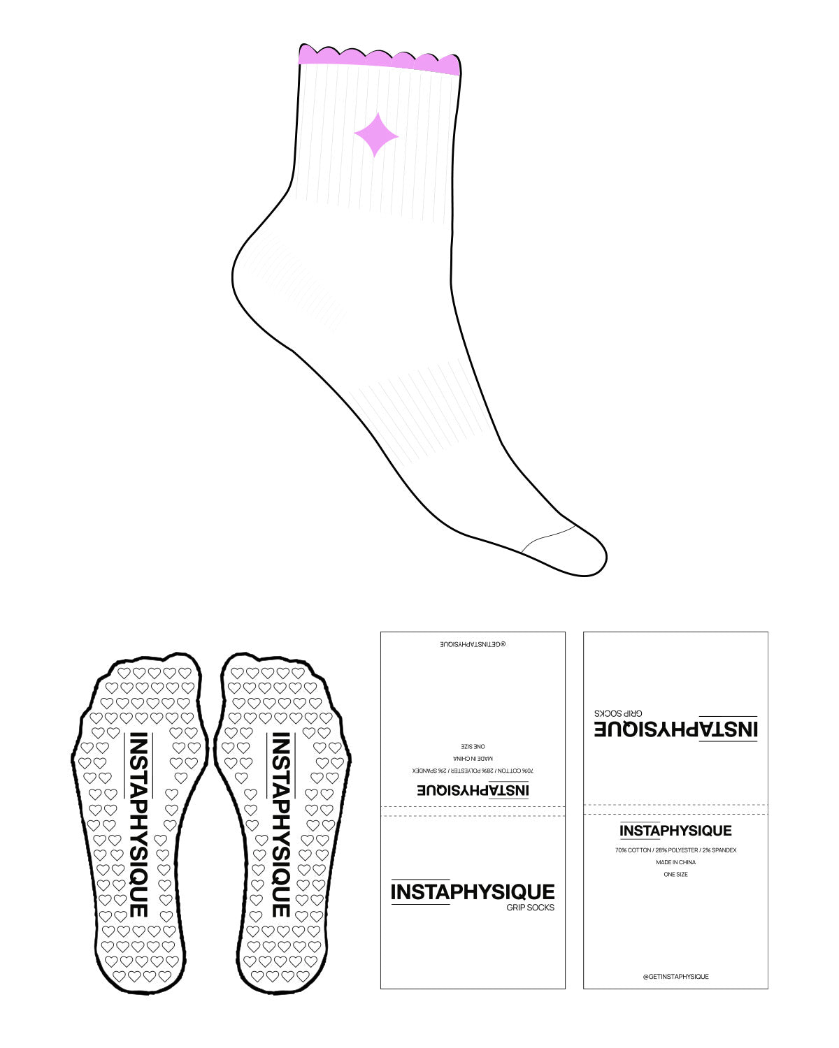 The 1/2 Crew Sock - White - Instaphysiques - Top Logo - Neon Purple - Heart Shape Grip - Neon Purple