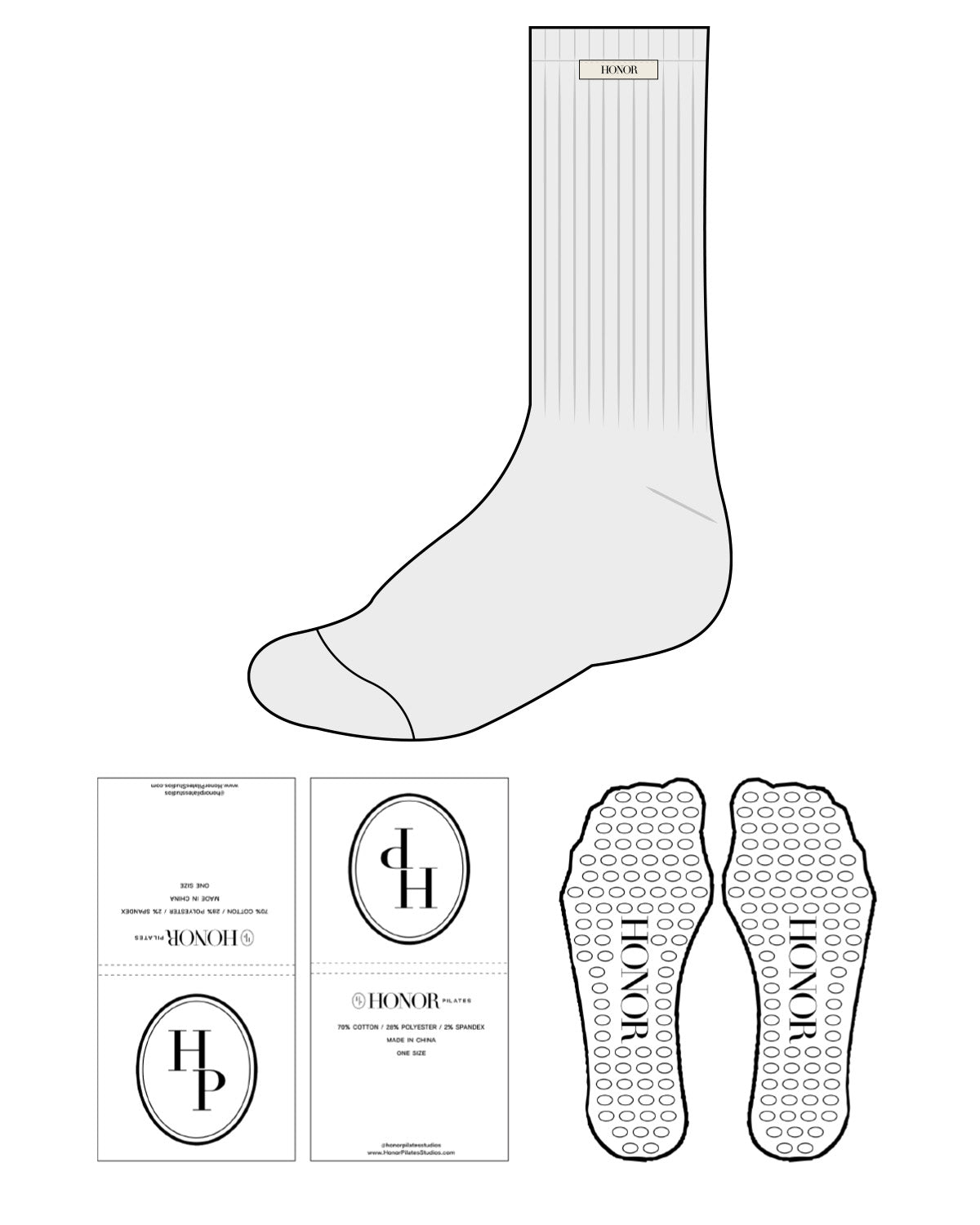 The Slouch Sock - Gray - Honor Pilates - Top Lining - Inside Box - Sewn Label - Transparent Grip