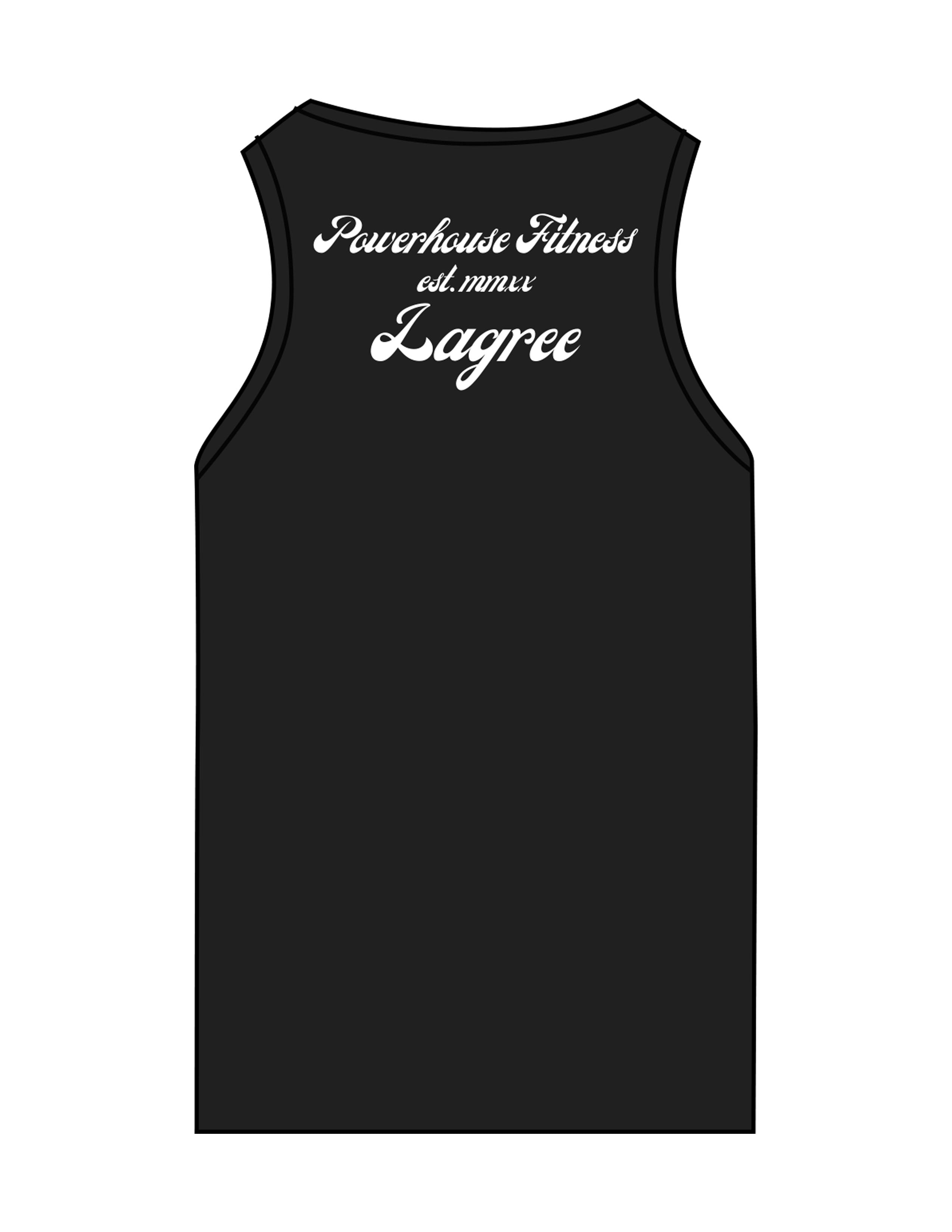 The Recycled Womens Tank - Black - Powerhouse Fitness - Center Chest & Back Stacked - Printed - White