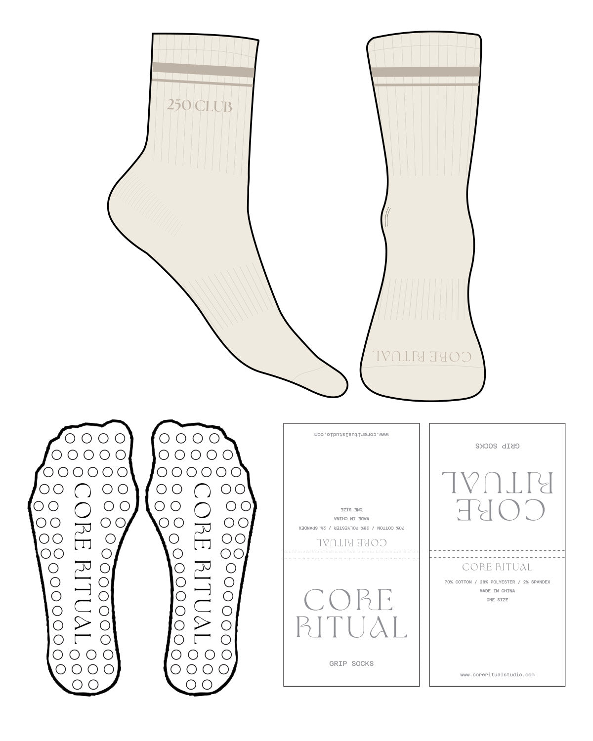 The 3/4 Crew Sock - Off White - Core Ritual - Toe & Ankle CLUB (Embroidered) - Transparent Circle Grip - Full Color