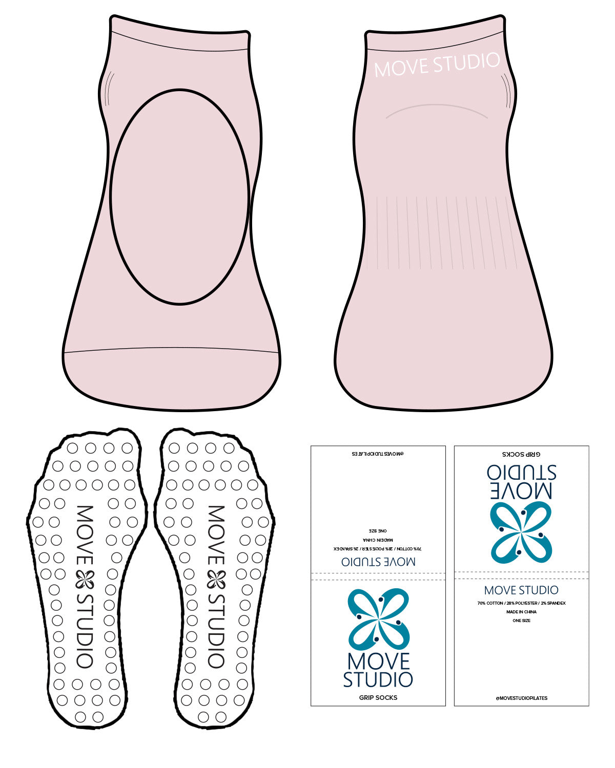 The Ballet Sock - Pink L58 - Move Studio Pilates - Back - White Circle Grip - White