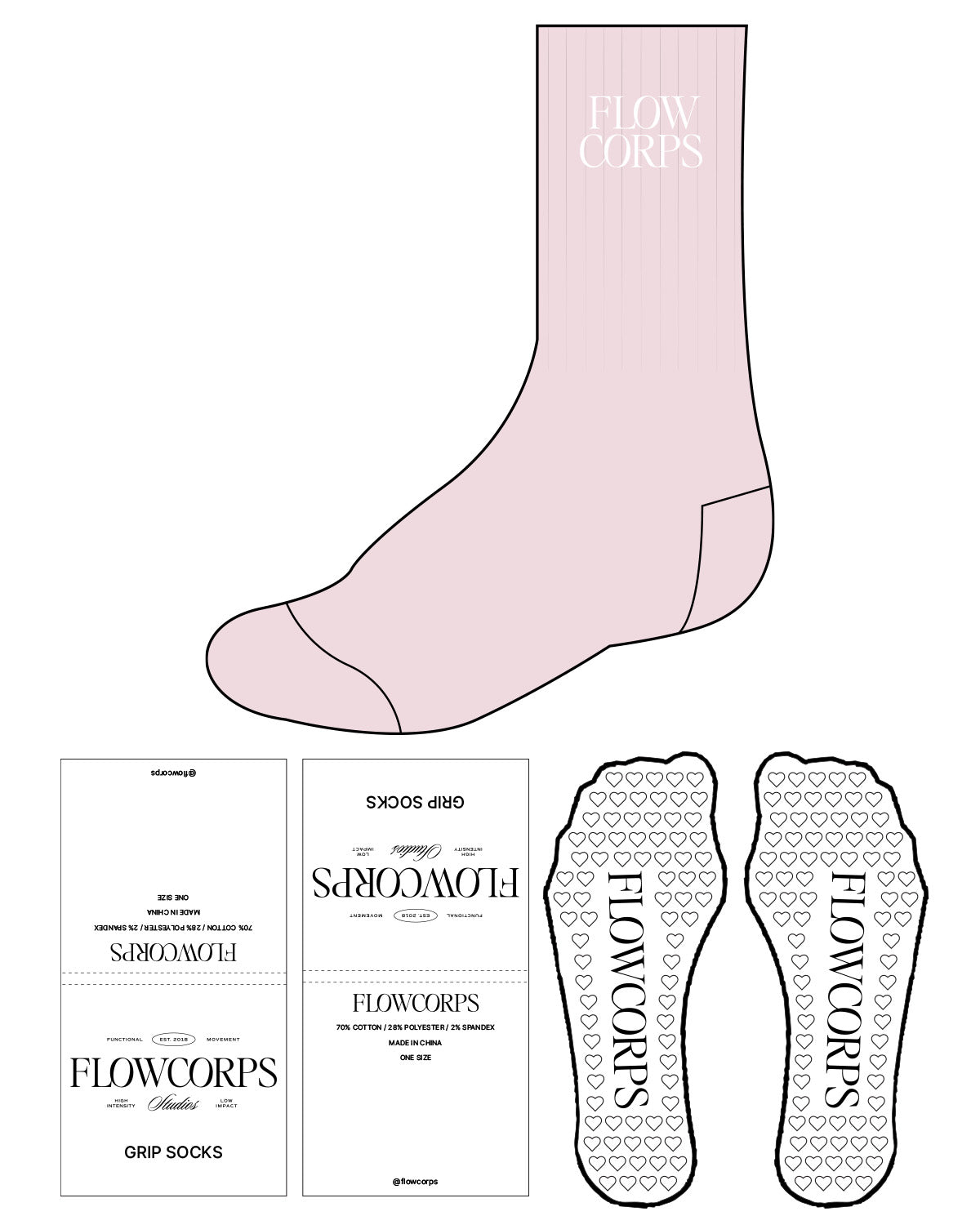 The Crew Sock - Light Pink - Flowcorps - Top Stacked - White Heart Grip - Embroidered White