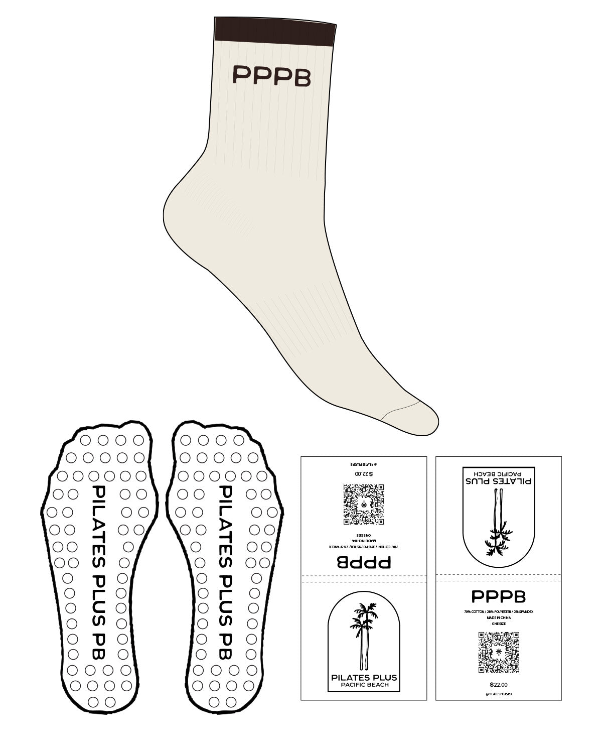 The 3/4 Crew Sock - Off White - Pilates Plus PB - Top Soiid Color - Text - Chocolate - Embroidered - Circle Shape Grip - Chocolate