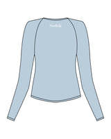 The Womens Sporty Long Sleeve - Blue - Studio78 - Left Sleeve - Back Neckline - Printed - White