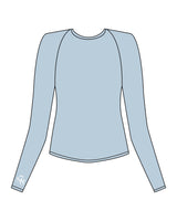 The Womens Sporty Long Sleeve - Blue - Studio78 - Left Sleeve - Back Neckline - Printed - White