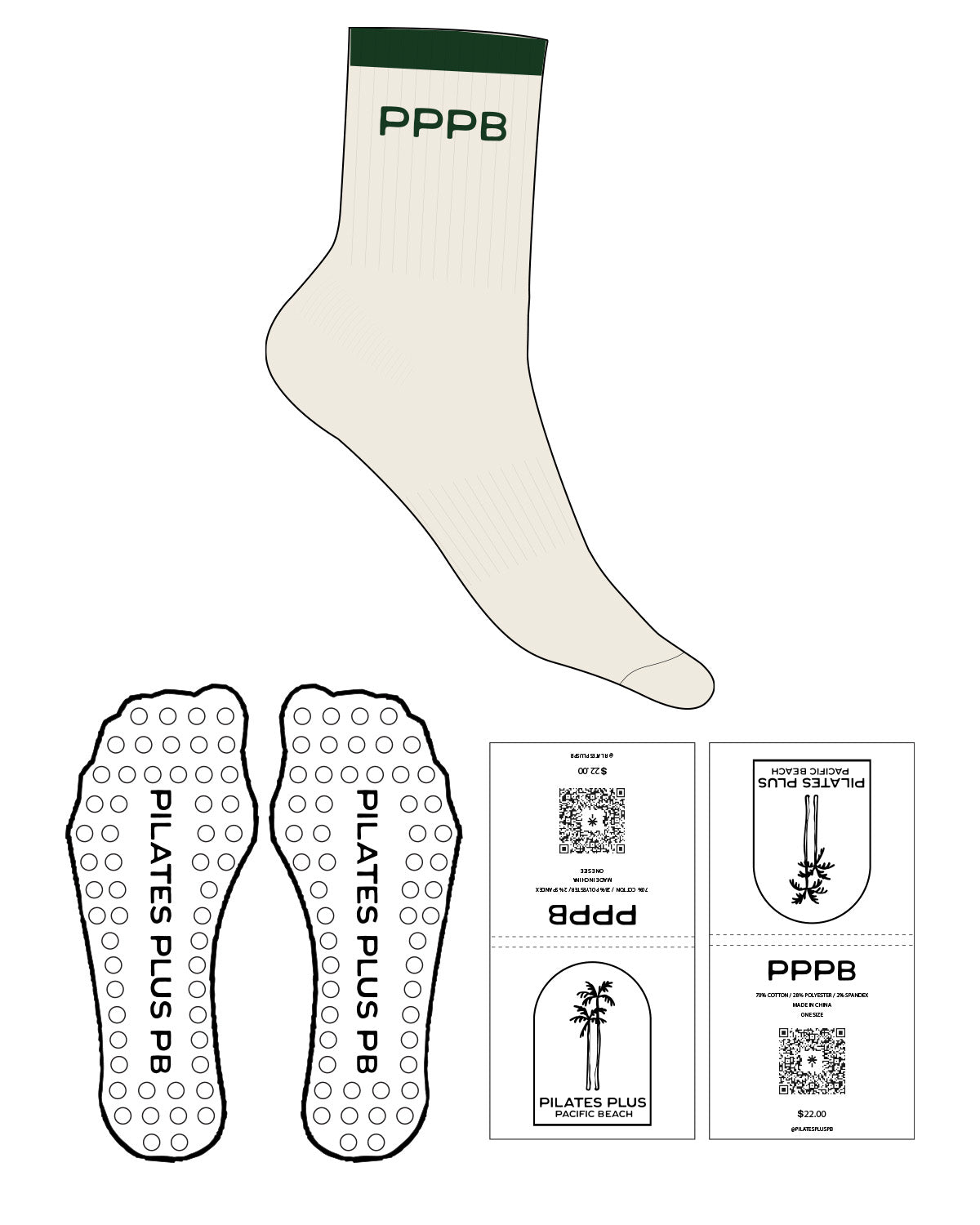 The 3/4 Crew Sock - Off White - Pilates Plus PB - Top Soiid Color - Text - Green - Embroidered - Circle Shape Grip - Green