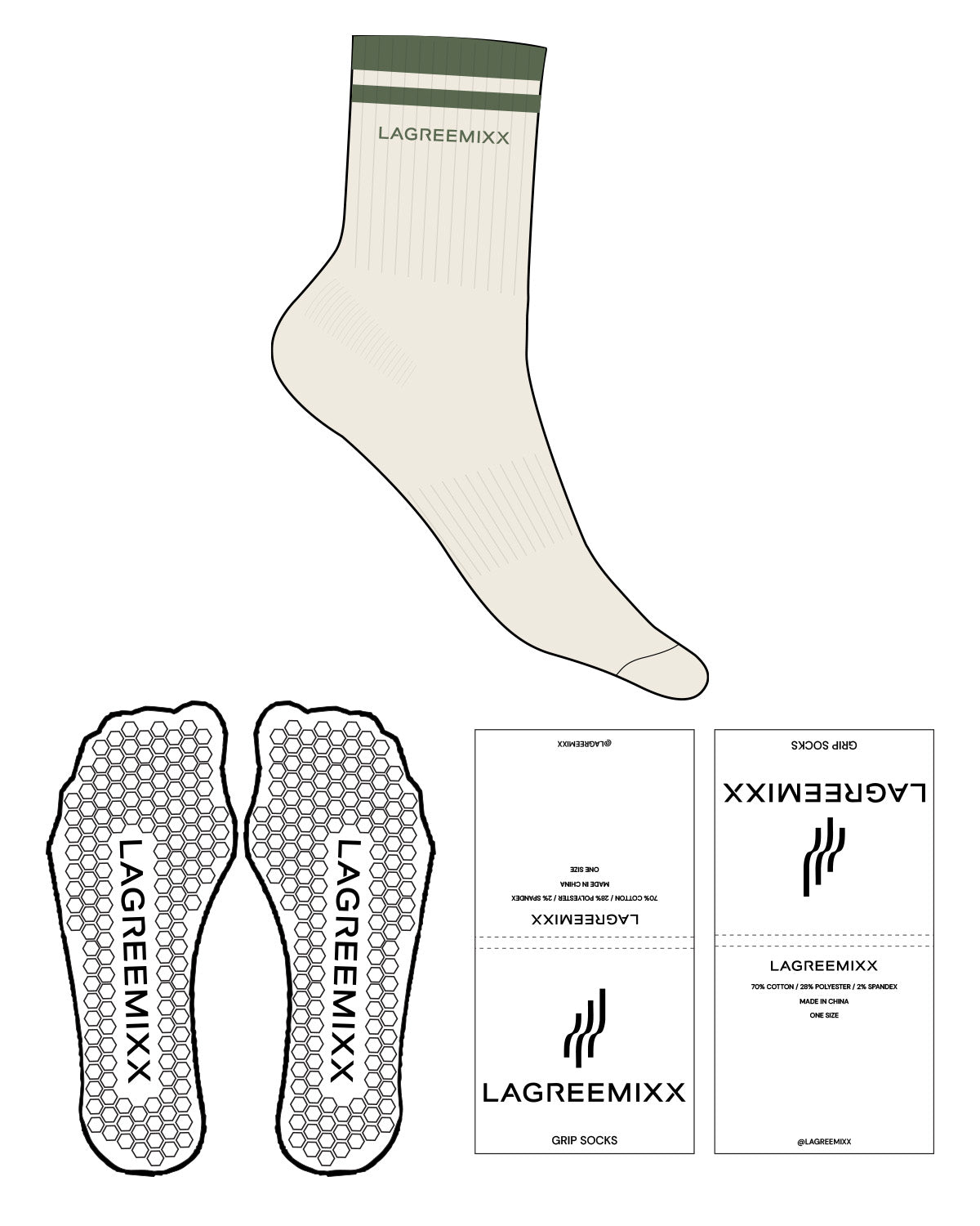 The 3/4 Crew Sock - Off White - LagreeMixx - Ankle with Border - Transparent Hexagon Grip - Green