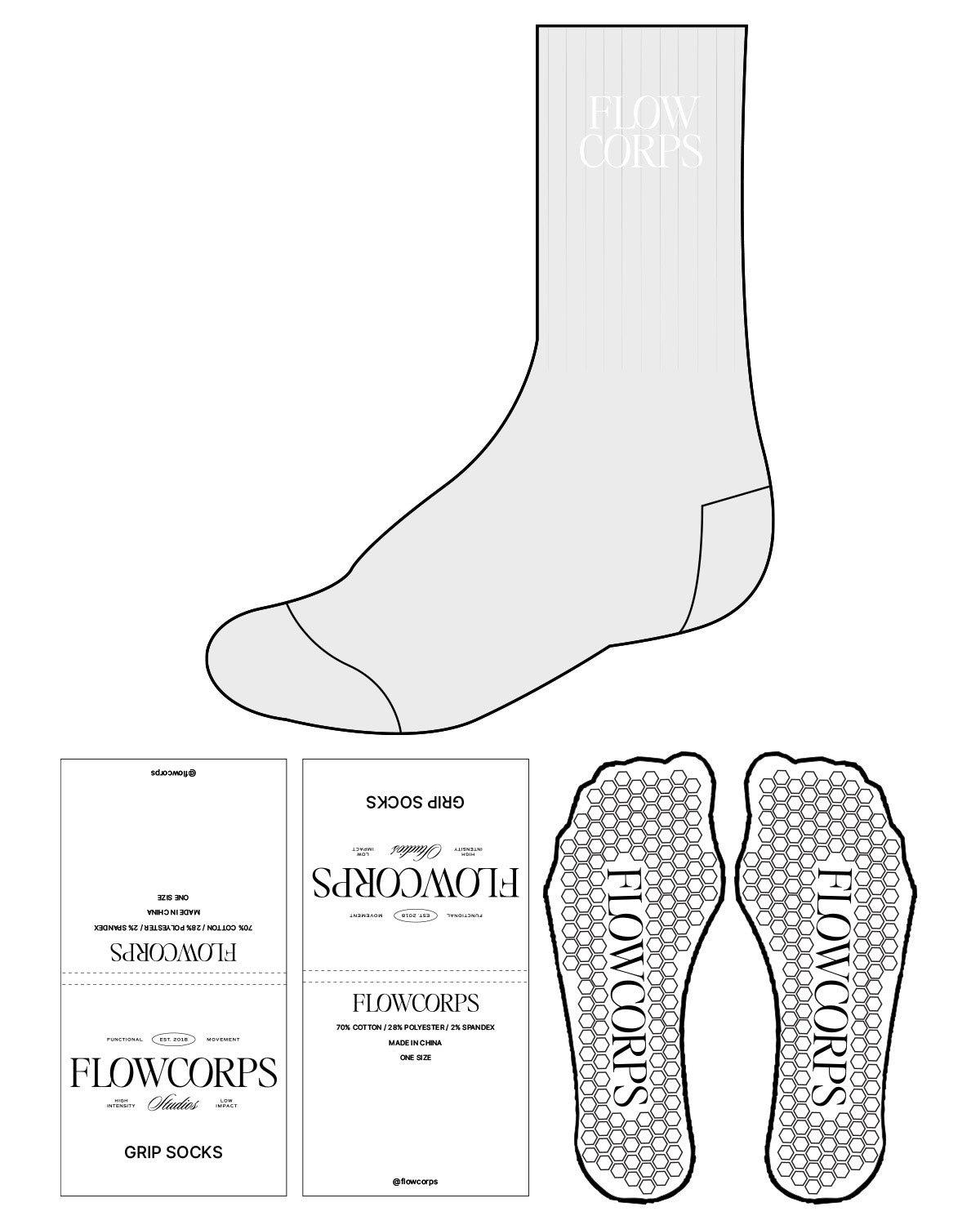 The Crew Sock - Heather - Flowcorps - Top Stacked - White Hexagon Grip - Embroidered White