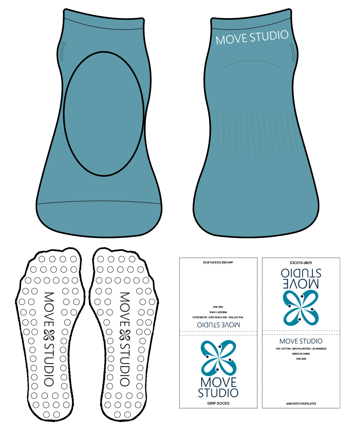The Ballet Sock - Teal - Move Studio Pilates - Back - Transparent Circle Grip - White
