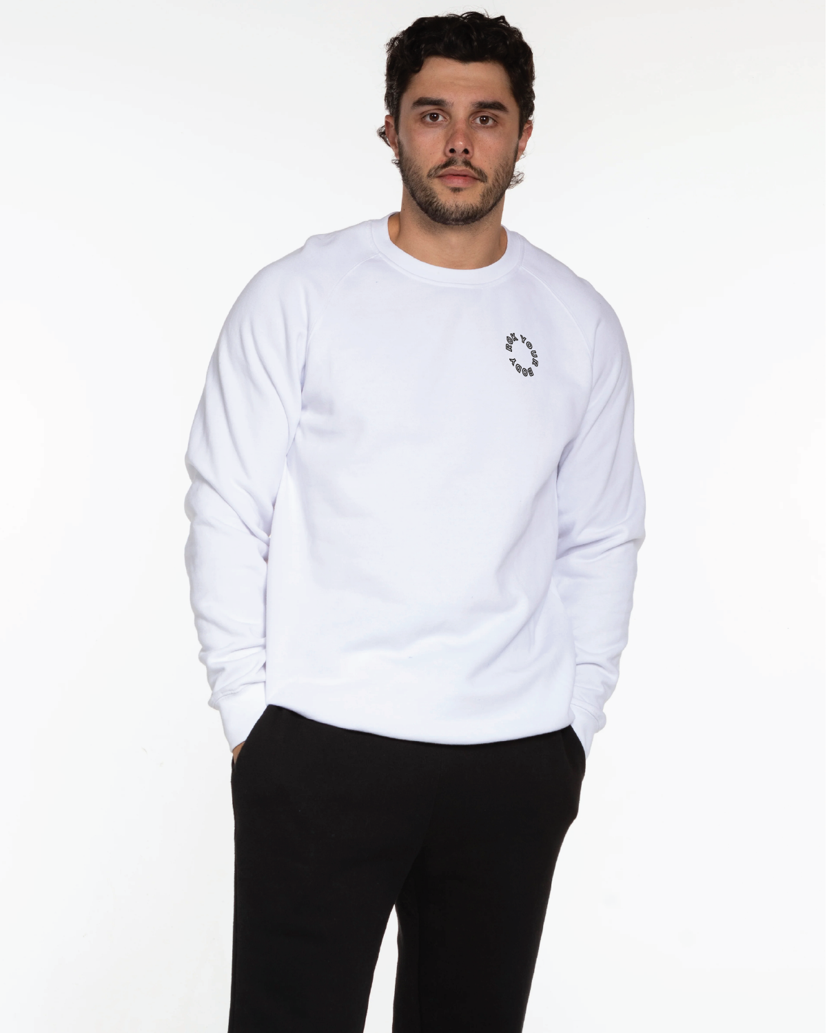 The Mens Classic Crewneck - White - Bodyrok Employee - Left Chest & Back Stacked - Printed - Black
