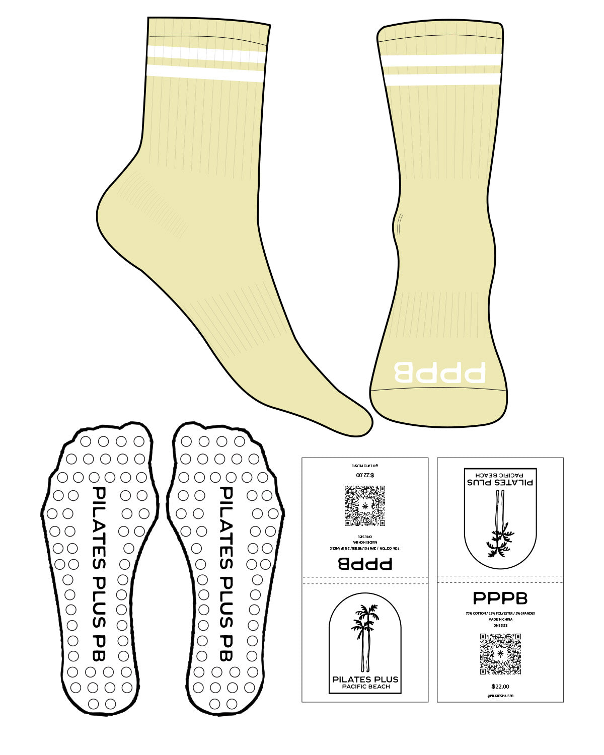 The 3/4 Crew Sock - Yellow - Pilates Plus PB - 2 Top Lines - Bottom Text - White - Circle Shape Grip - White