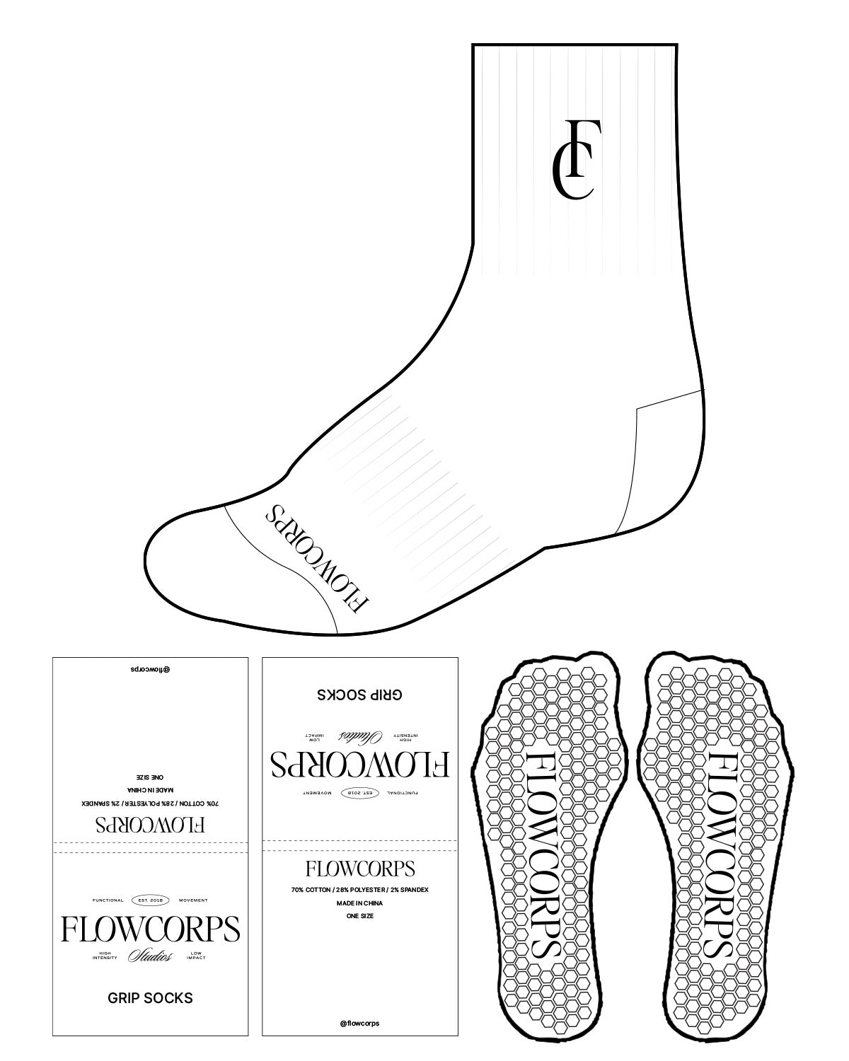 The 3/4 Crew Sock - White - Flowcorps - Tip & Top - Black Hexagon Grip - Black