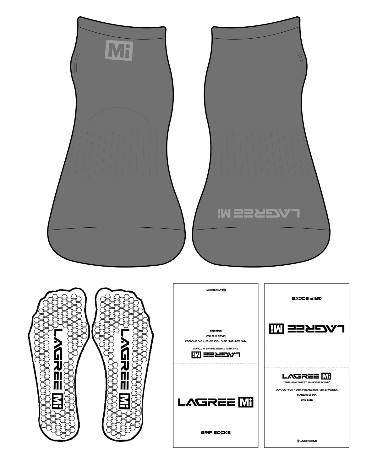 The Ankle Sock - Charcoal - Lagree Mi - Toe & Ankle " Mi " - Transparent Hexagon Grip - Light Gray