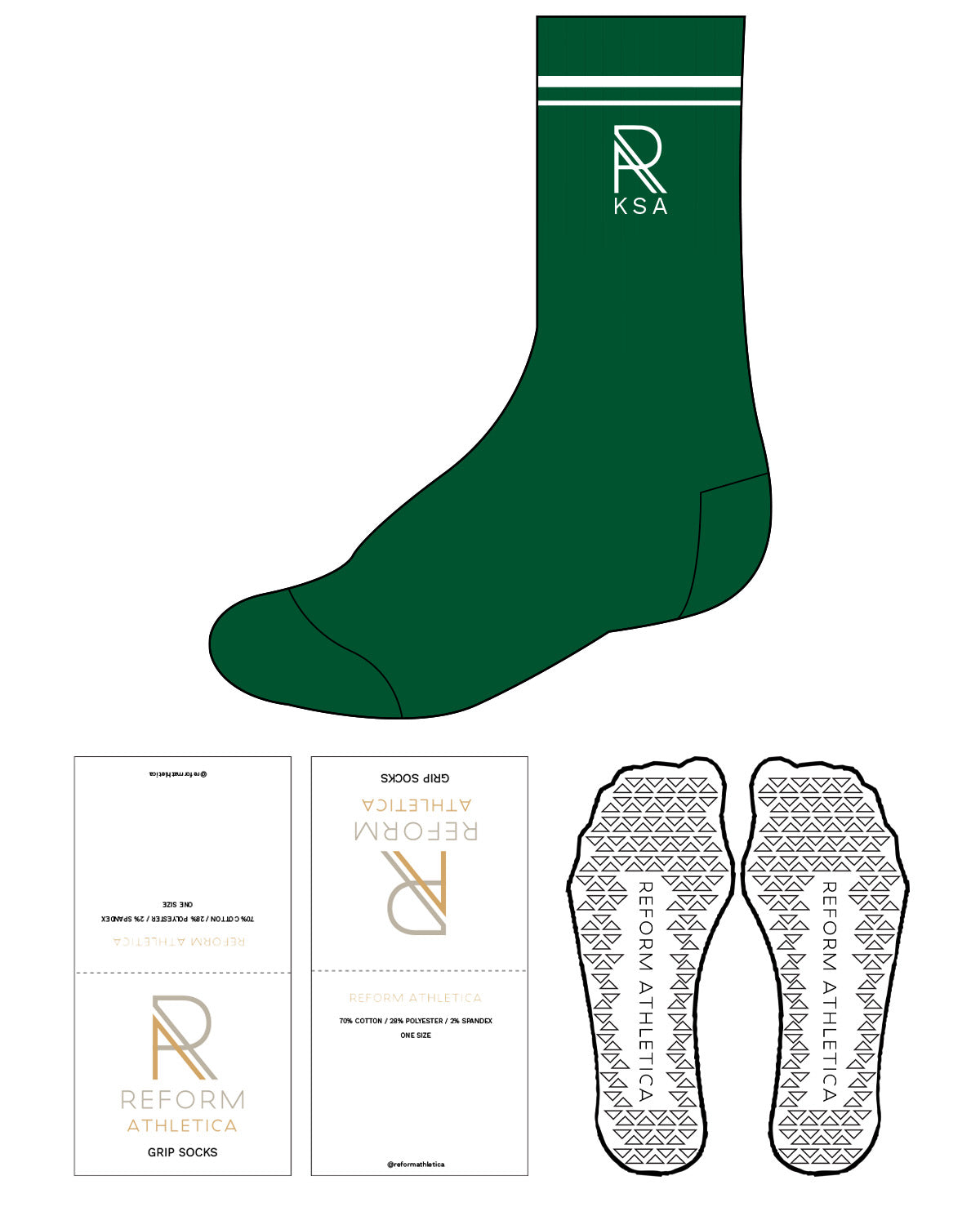 The Crew Sock - Saudi Green - Reform Athletica  - Top Center - R - Top Two Lines - White - Grip - White
