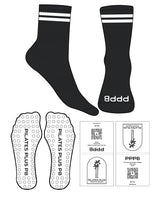 The 3/4 Crew Sock - Black - Pilates Plus PB - 2 Top Lines - Bottom Text - White - Circle Shape Grip - White