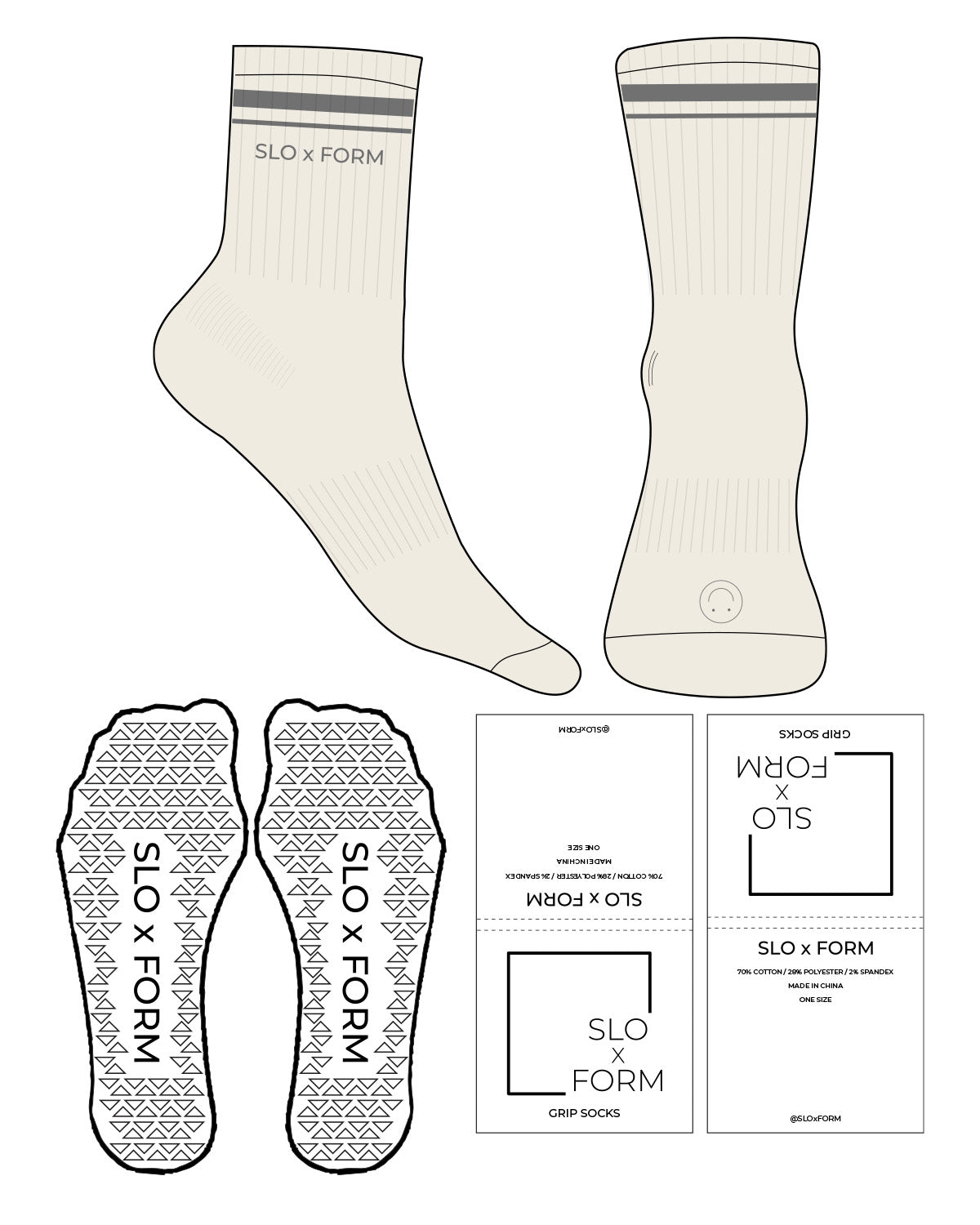The 3/4 Crew Sock - Off White - Slo x Form - Front & Side with Thin Stripe - Transparent Triangle Grip - Charcoal