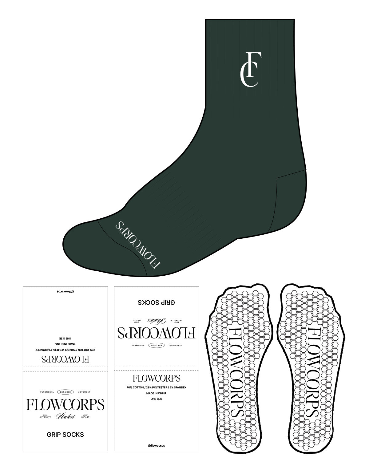 The 3/4 Crew Sock - Forrest - Flowcorps - Tip & Top - White Hexagon Grip - White