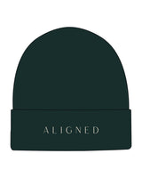 The Beanie - Pine Green - Aligned Pilates - Center Linning Text - Embroidered - Off White