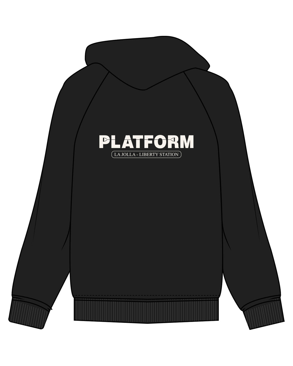 The Womens Zip Hoodie - Black - Platform - Left Chest - Back Center - La Jolla - Liberty Station - Printed - Off White