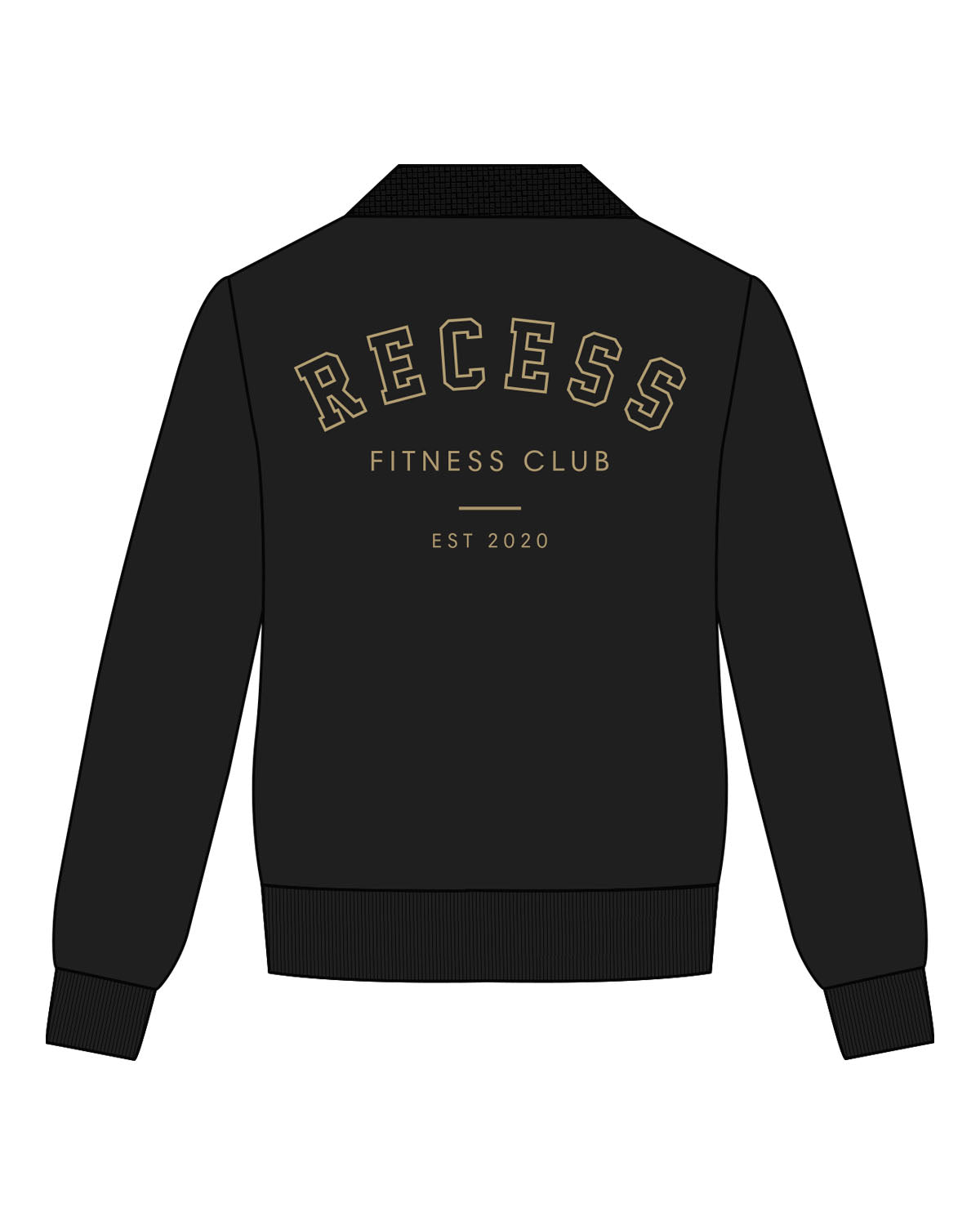 The Mens Varsity Jacket - Black - Recess Fitness - Left & Right Chest - Embroidered - Sandy Beige - Upper Back - Printed - Sandy Beige