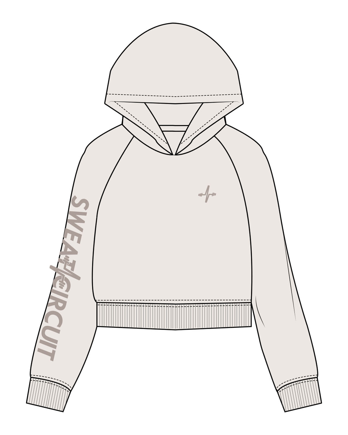 The Womens Crop Hoodie - Bone - Sweat Circuit - Left Chest - Right Arm Text - Printed - Tone on Tone