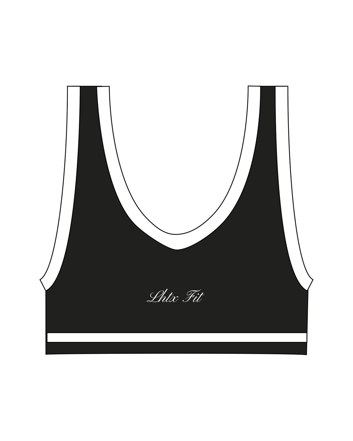 The Piped Bra - Black - LHTX Fitness - Back Center - Printed - White