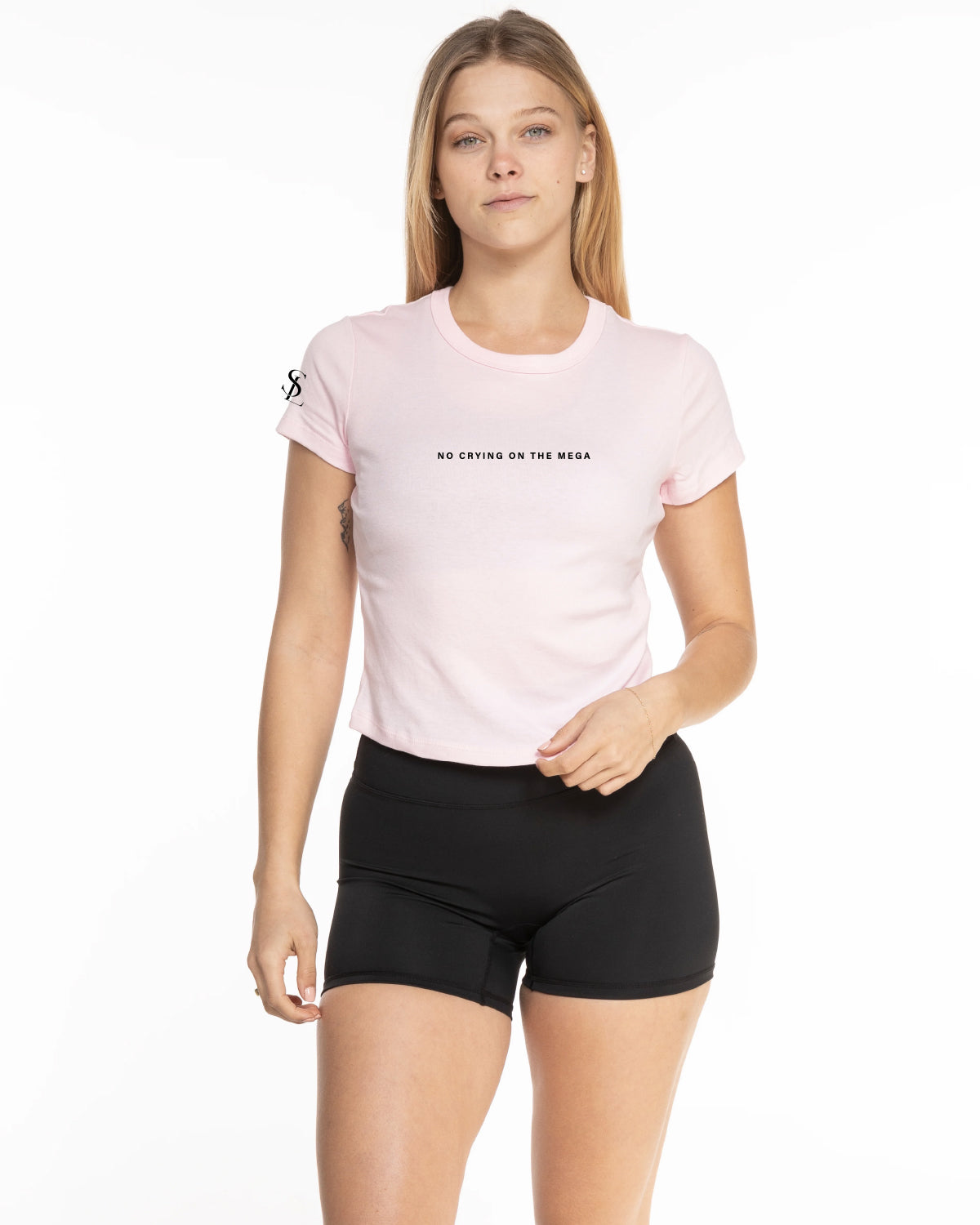 The Micro Rib Baby Tee - Pink - Soma Lab - Center Chest - Right Arm  - Black Printed