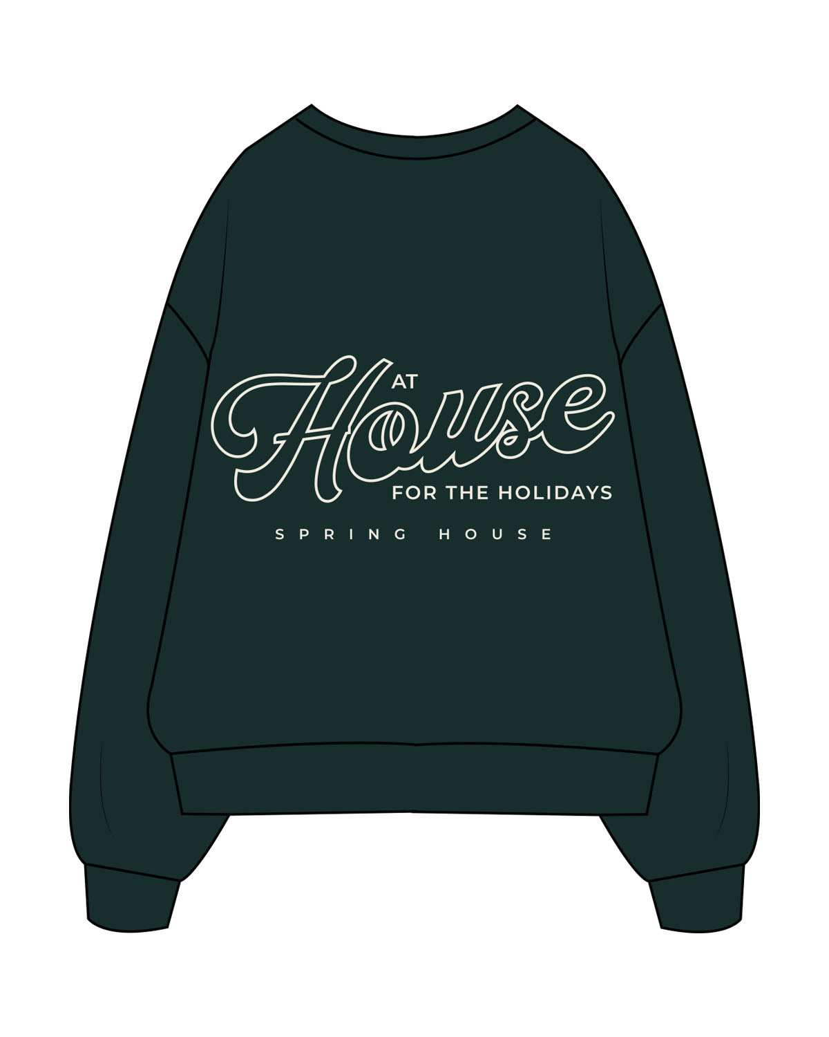 The Mens Crewneck - Pine Green - Spring House -Left Chest Stacked - Back Stacked - Printed - Off White