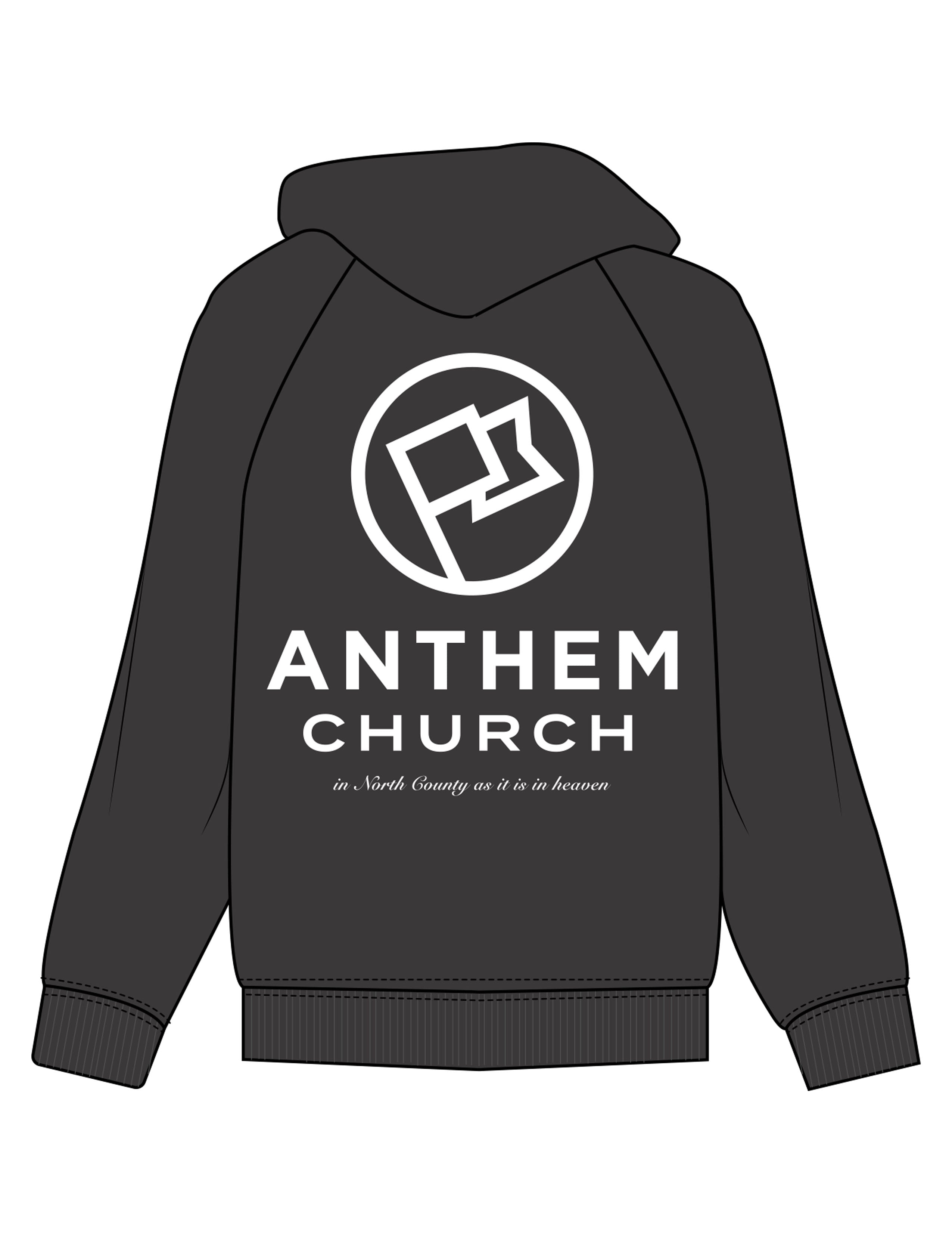 The Mens Zip Hoodie - Washed Black - Anthem Church - Left Chest & Back Stacked - Printed - White