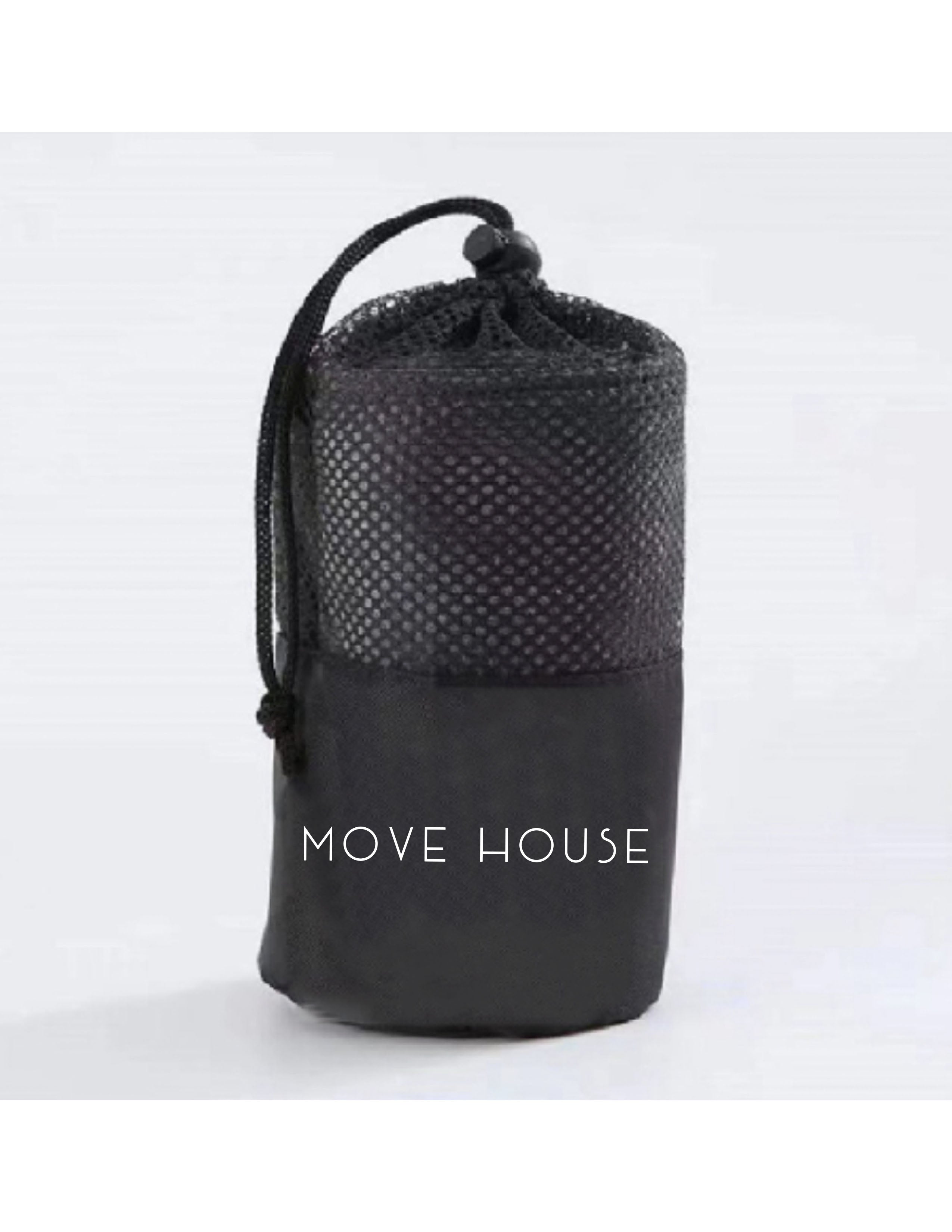 The Gym Towel - White - Move House - Bottom Front - Embroidered - Black - The Gym Towel Bag - Black - Center Body - Printed - White