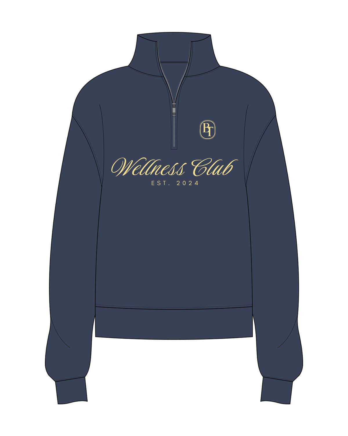 The Womens 1/4 Zip - Navy - Body Talk Pilates - Center Chest Stacked - Printed - Left Chest - Embroidered - Butter