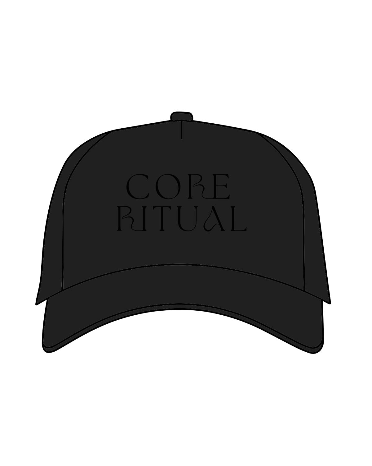 The 5 Panel Trucker Hat - Black - Core Ritual - Center Stacked - Puff Stitch - Tone on Tone