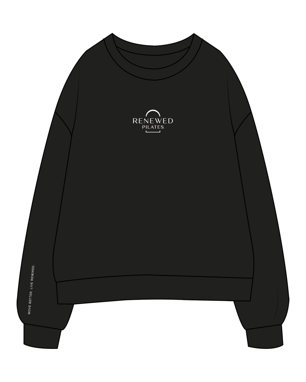 The Womens Crewneck - Black - Renewed Pilates - Center Chest - Left Sleeve - Embroidered - Off White
