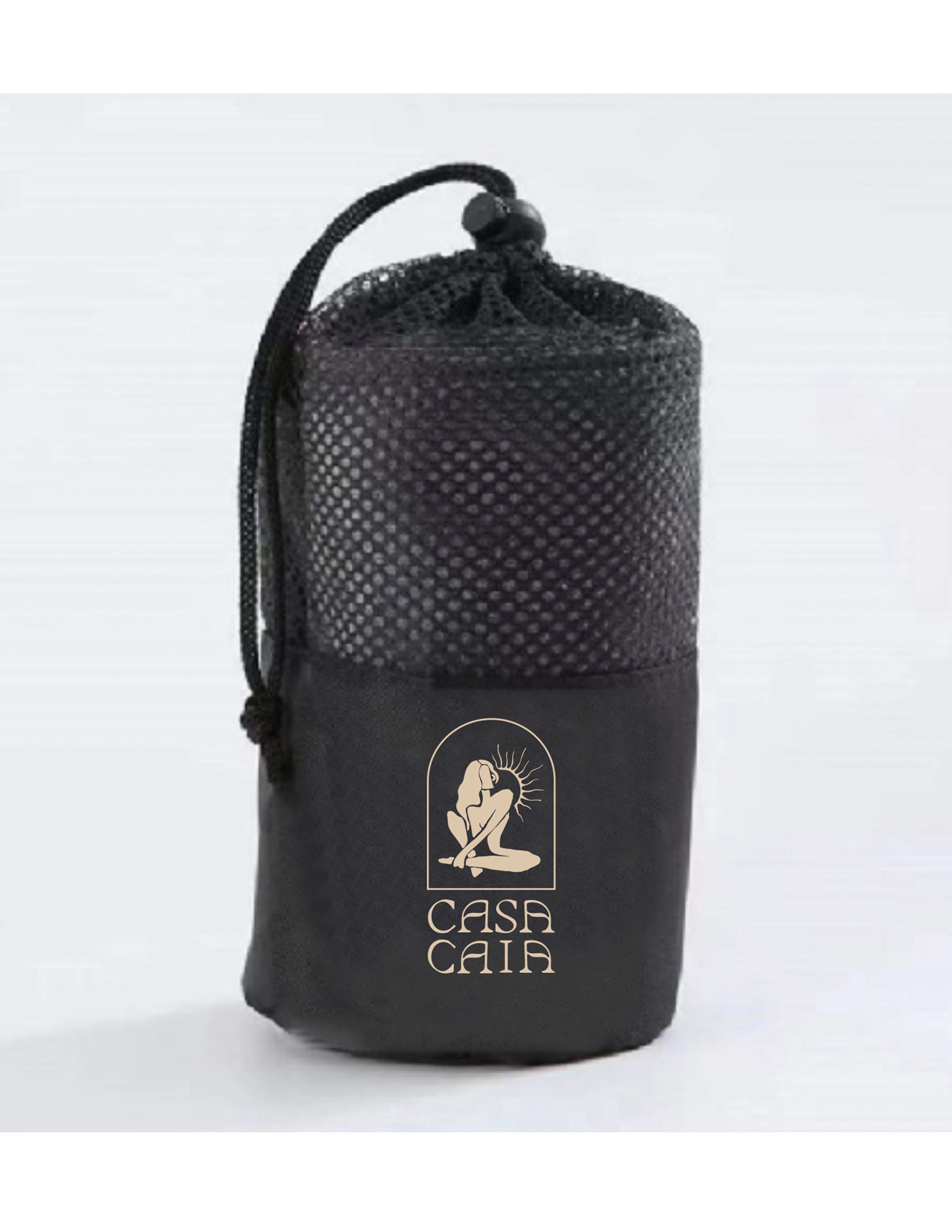The Gym Towel - Tan - Casa Caia - Front Bottom Left - Embroidered - Brown - The Gym Towel Bag - Black - Center Body Stacked - Printed - Sand