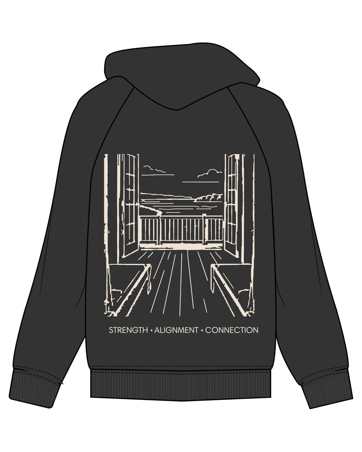 The Mens Hoodie - Washed Gray - Lume Pilates - Top Hood - Upper Left Pocket - Full Back - Printed - OffWhite
