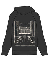The Mens Hoodie - Washed Gray - Lume Pilates - Top Hood - Upper Left Pocket - Full Back - Printed - OffWhite
