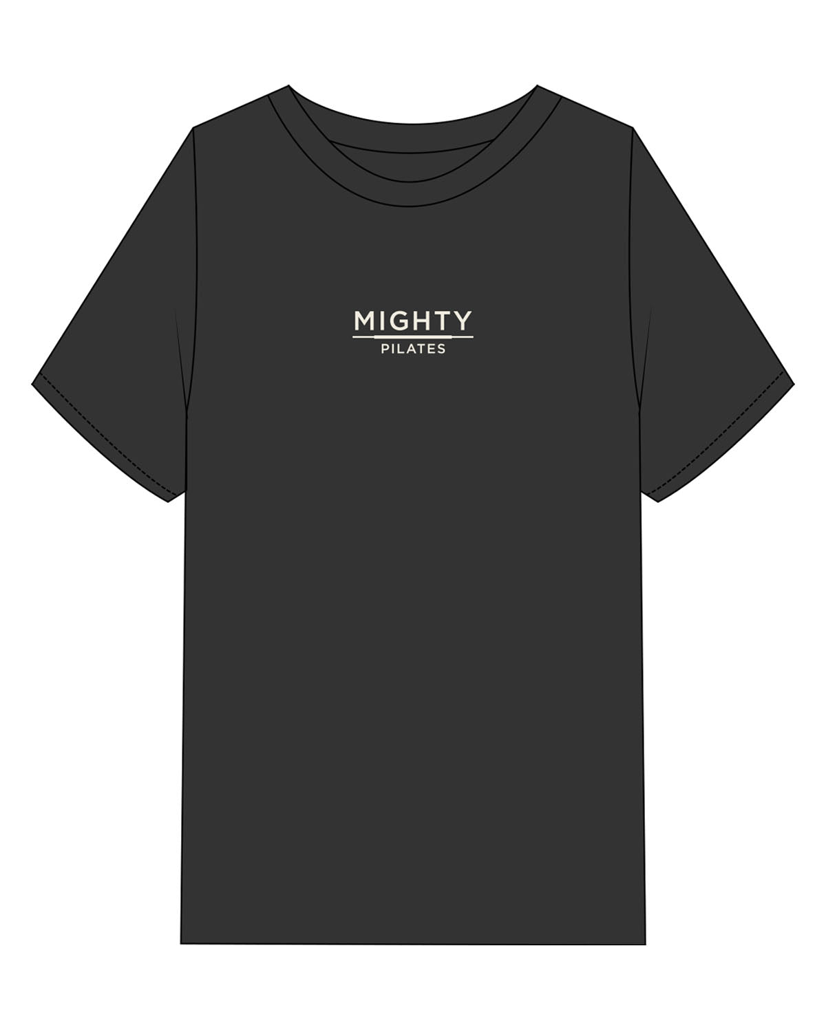 The Mens Heavyweight Tee - Washed Black - Mighty Pilates - Center Chest Stacked - Embroidered - Off White
