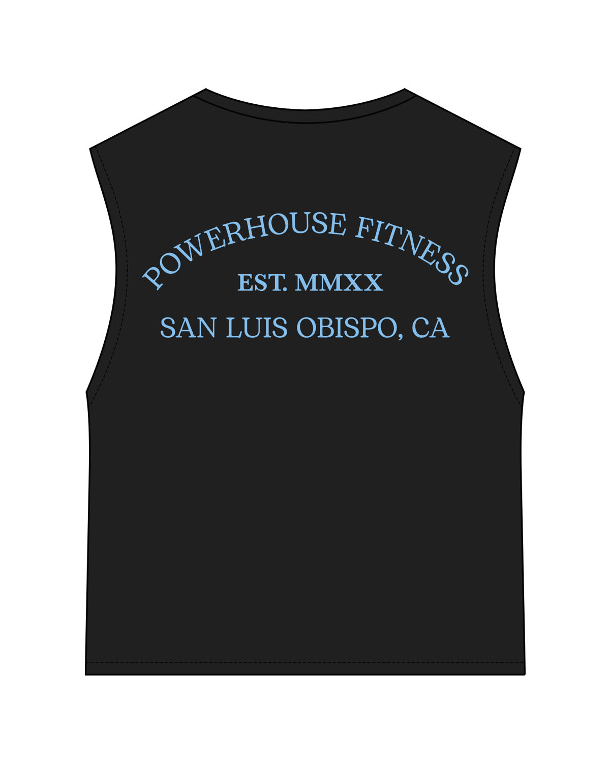 The Womens Classic Crop Tank - Black - Powerhouse Fitness - Left Chest Stacked & Center Back Stacked - Printed - Blue